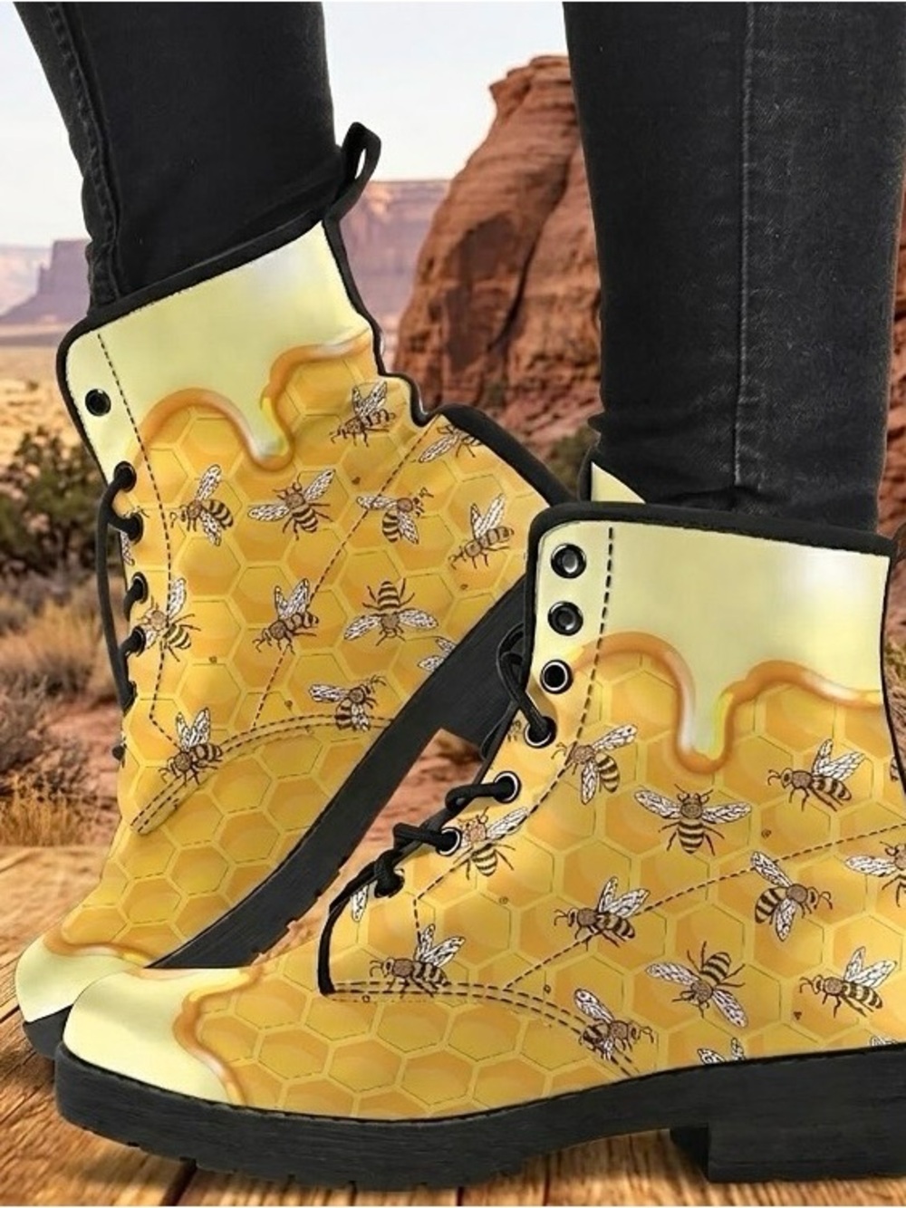 Honey Bee Vegan Leather Combat Boots:Bohemian Cowgirl Style Size 10